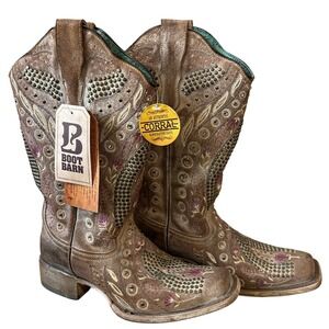 Corral Flowered Taupe Distressed Leather Studded Floral Boots E1520 Square 8.5 B